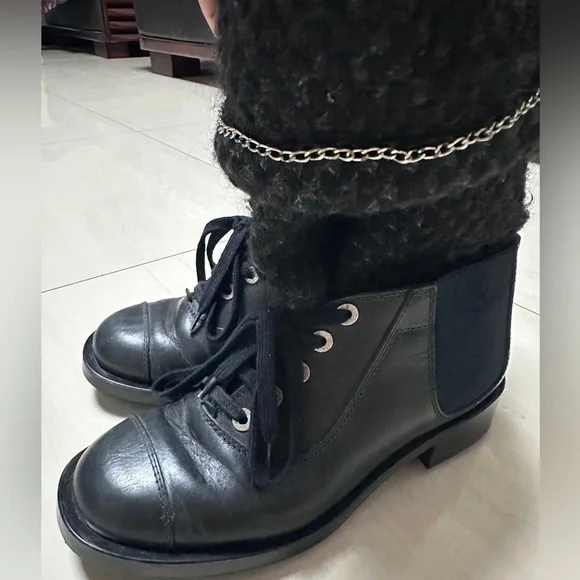Auth Chanel Black Navy Blue Tweed Boots Socks Boots 39 Women - Picture 6 of 16